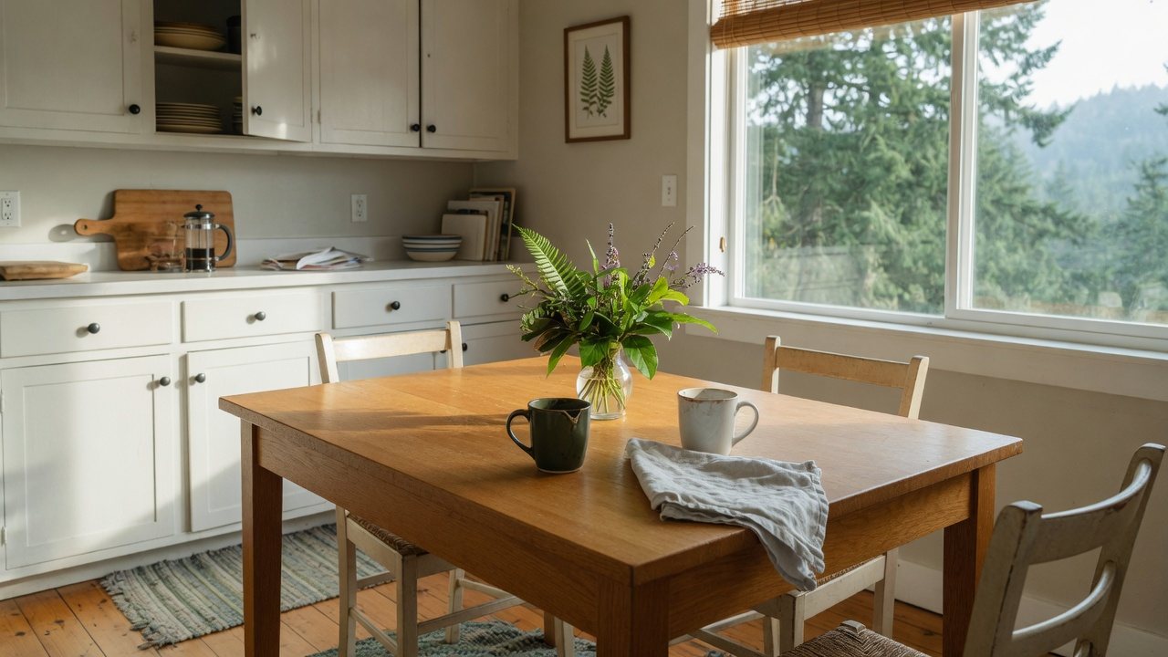 Sunlit family kitchen table with two coffee mugs