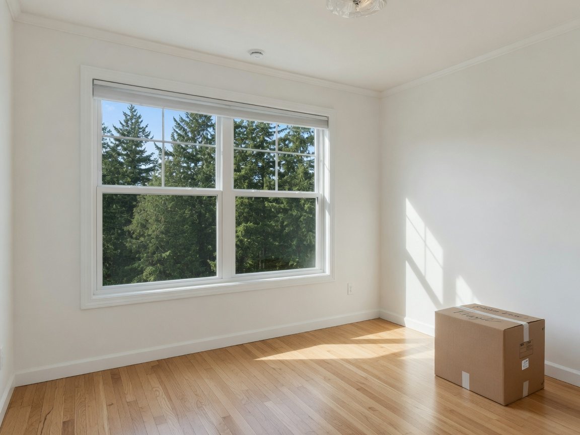 A freshly painted room with one moving box, ready to move in