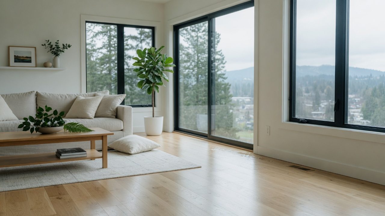 A bright, freshly cleaned living room with large windows and oak floors