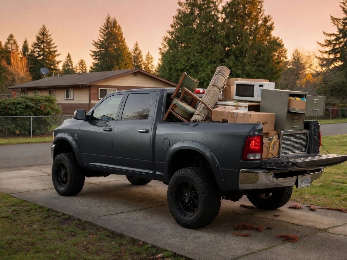 Lifted dark gray Ram 2500 loaded with household junk